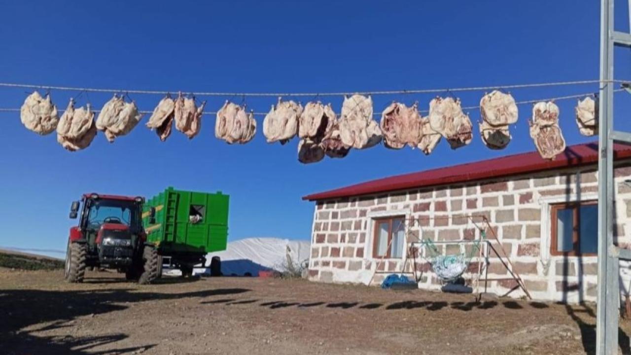 Kaz etleri ayazda kuruması için askıya çıktı